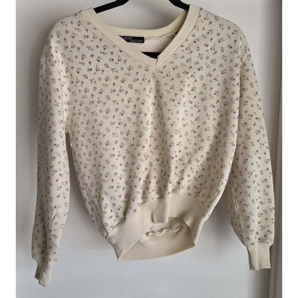 Esprit Sweatshirt Women Cream Floral Long Sleeve V-Neck Pullover Vintage Top